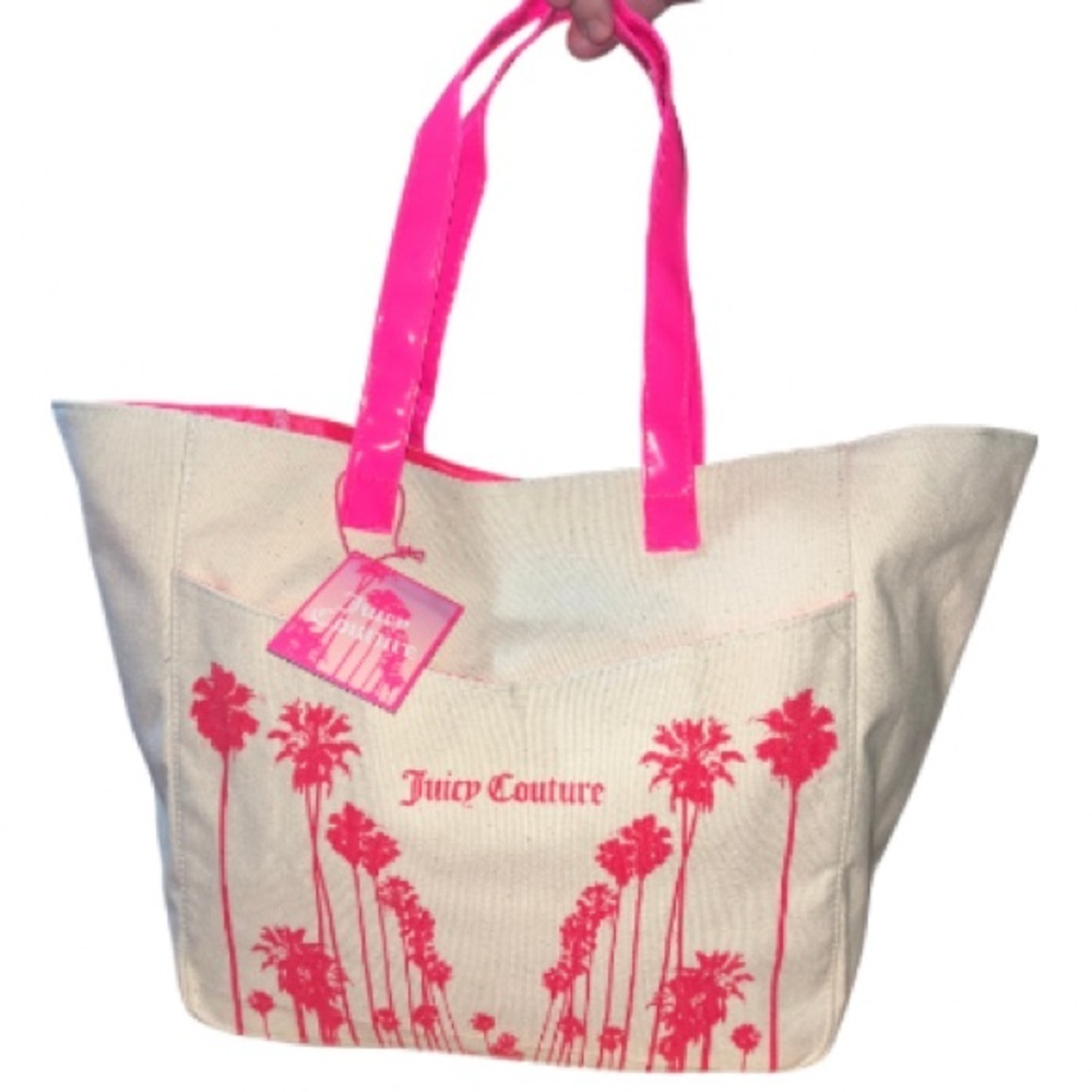 NWT, Juicy Couture Palm Tree Pink and Cream Tote Bag, Pink Straps
